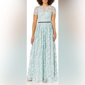 NWT Monique Lhuillier Long Maxi Gown Teal Color  Embroidered Flowers Sz 0